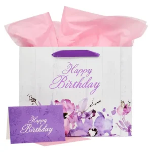 Gift Bag w/ Card LG Landscape White/Purple/Pink Happy Birthday - Image 1