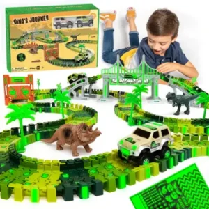 Dinosaur Race Car Track Set Toy, STEM Glow In The Dark Toy - Image 1