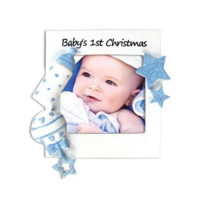 1st Christmas Personalized Picture Frame Ornament - Blue