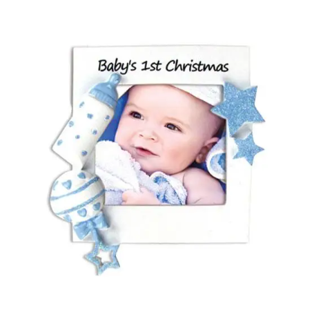 1st Christmas Personalized Picture Frame Ornament - Blue